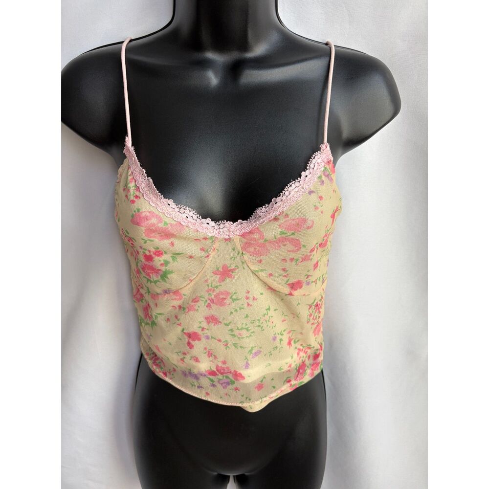 Yellow Pink Floral Cami Pink Lace Size S/M Prairie Cottagecore Coquette Girly